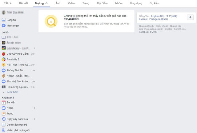 Facebook chặn tính năng tìm kiếm người dùng bằng số điện thoại và email vì bê bối bảo mật - Ảnh 1. Việc tìm kiếm người dùng bằng số điện thoại trên Facebook đã không còn hiển thị bất cứ kết quả nào.